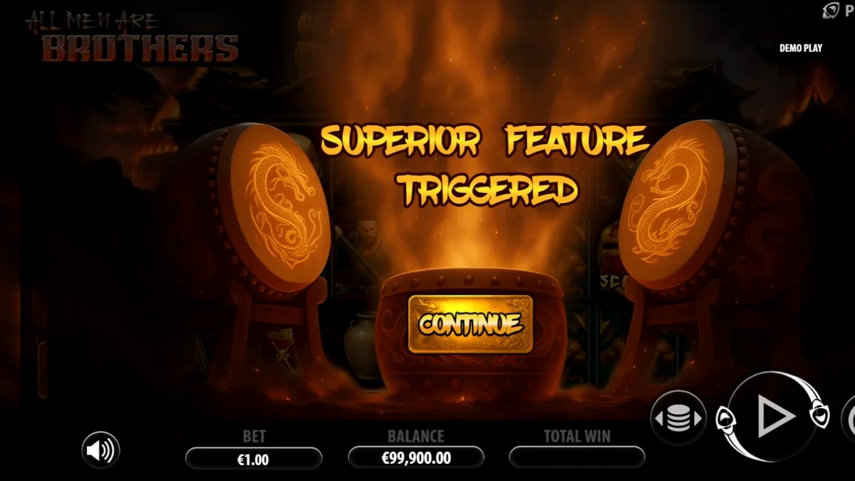 All Men Are Brothers slot game interface featuring warrior characters and battlefield theme